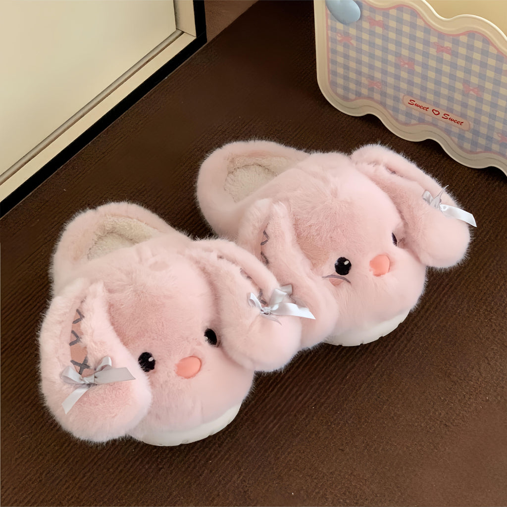 Healing-style Bunny Ear Slippers Winter Thickened Warm Women's Home Shoes Soft Plush Cotton Non-Slip Round Toe Indoor Footwear for Girls Cozy Indoor Comfort