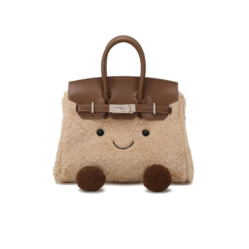 Viral Jellycat-Style Plush Smiley Bag, Furry Birkin-Inspired Handbag with Cute Legs, Kawaii Beige Fluffy Purse