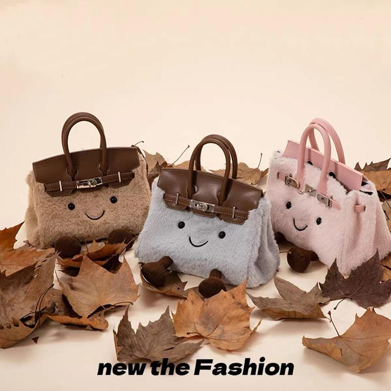 Viral Jellycat-Style Plush Smiley Bag, Furry Birkin-Inspired Handbag with Cute Legs, Kawaii Beige Fluffy Purse