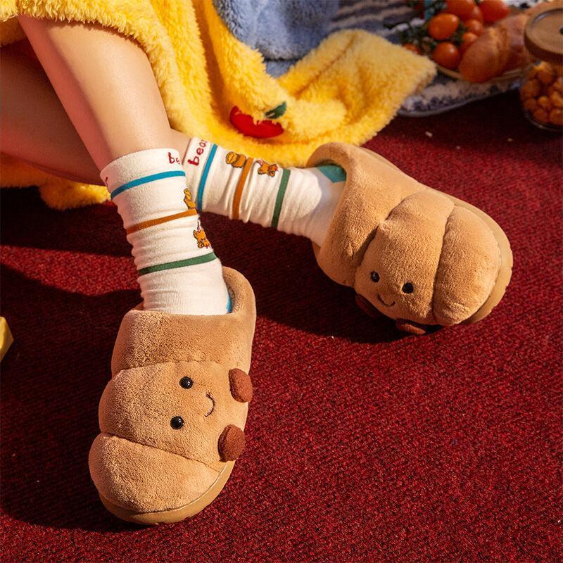 Soft Plush Croissant Cotton Slippers Indoor House ShoesNon-Slip Comfortable Soft Home Slides Slip-On ShoesSlip Resistant Shoes Indoor Outdoor Winter HomeFootwear Flipflop Girl Tsinelas Parent Khaki Round ToeKitchen Kitchen