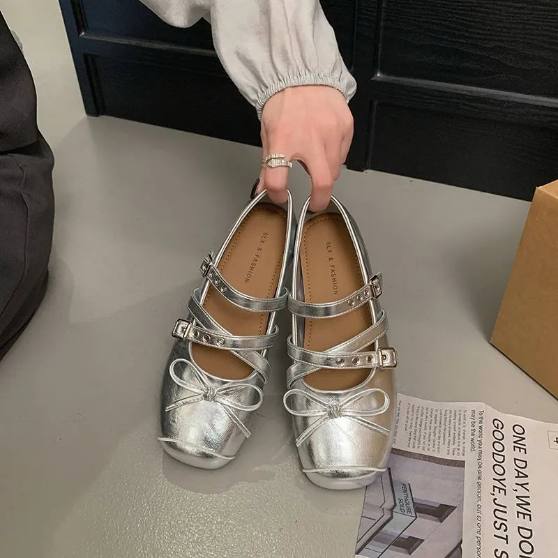 Viral Cross Strap Bow Ballet Mary Janes, Cream White Square Toe Flats, Kawaii Cute Buckle Ballerina Shoes
