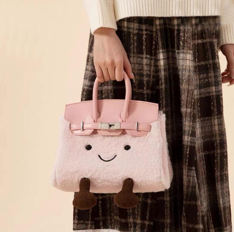 Viral Jellycat-Style Plush Smiley Bag, Furry Birkin-Inspired Handbag with Cute Legs, Kawaii Beige Fluffy Purse