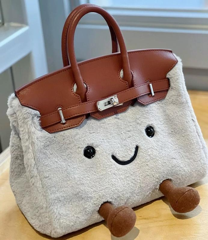 Viral Jellycat-Style Plush Smiley Bag, Furry Birkin-Inspired Handbag with Cute Legs, Kawaii Beige Fluffy Purse