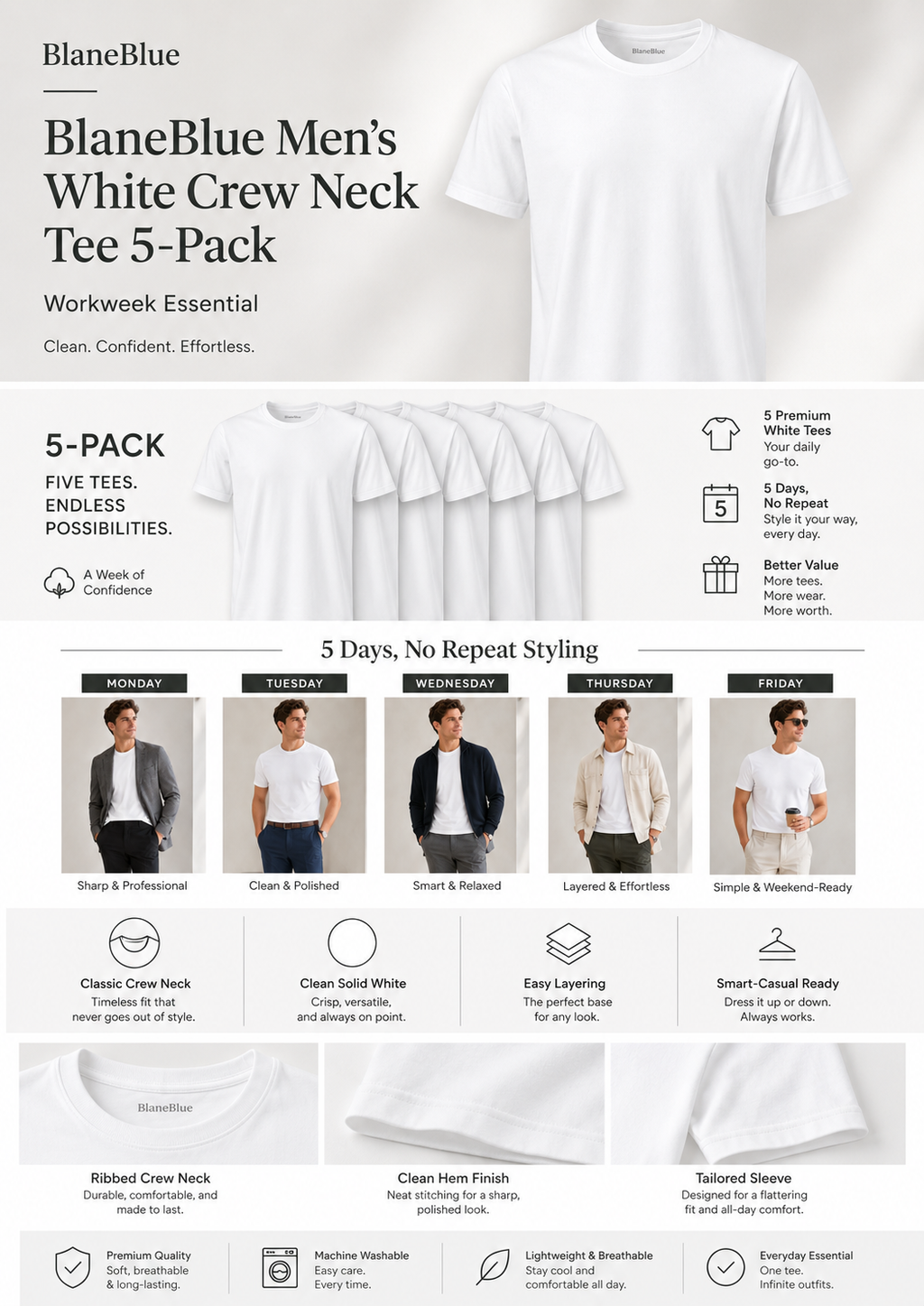 BlaneBlue Men’s White Clean White Tee