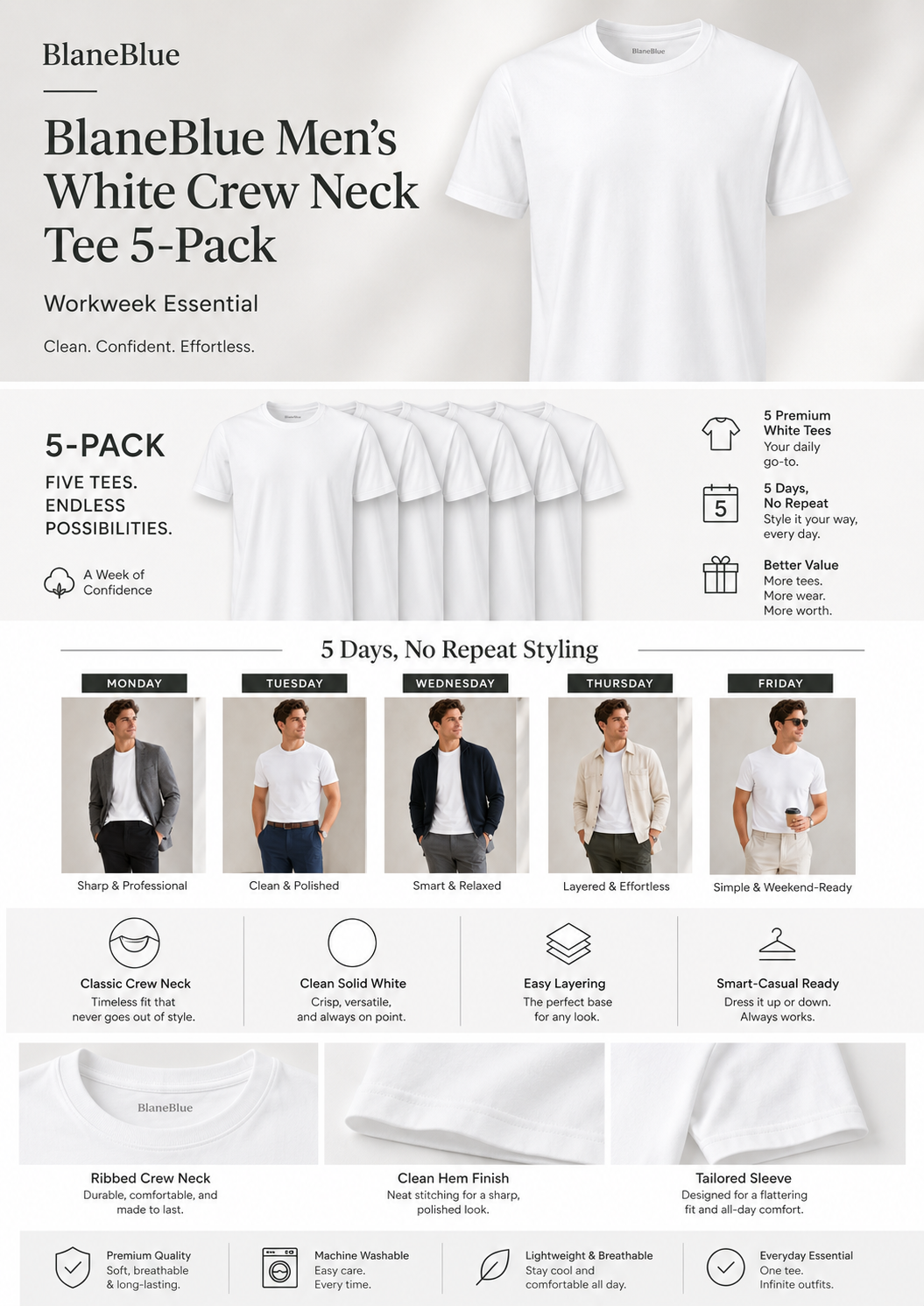 BlaneBlue Men’s White Clean White Tee