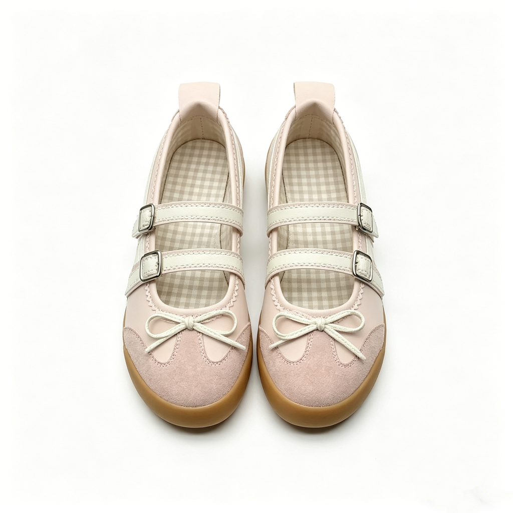 Cute Pink Mary Jane Flats with Double Straps, Sweet Bowknot Round Toe Casual Shoes for Women