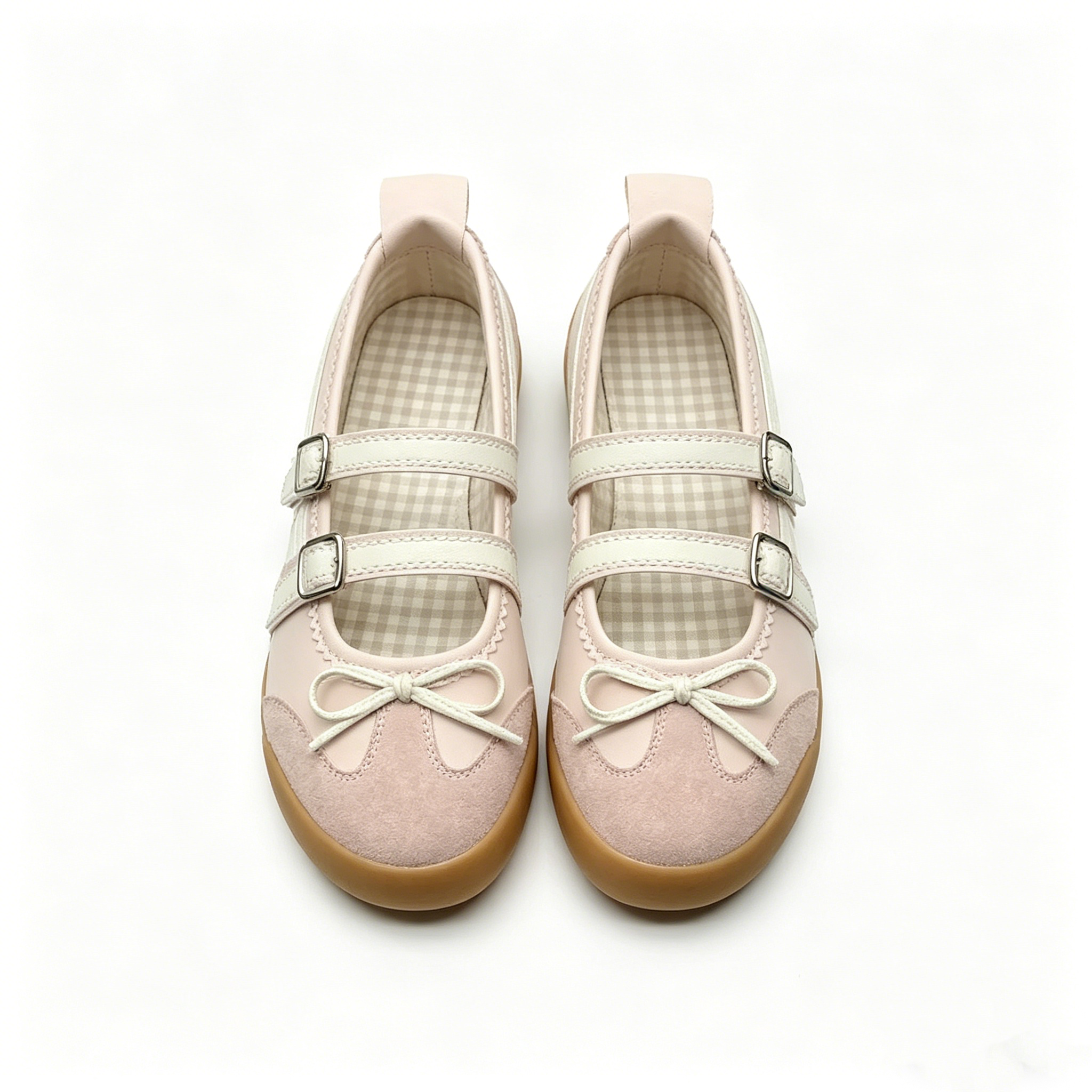 Cute Pink Mary Jane Flats with Double Straps, Sweet Bowknot Round Toe Casual Shoes for Women