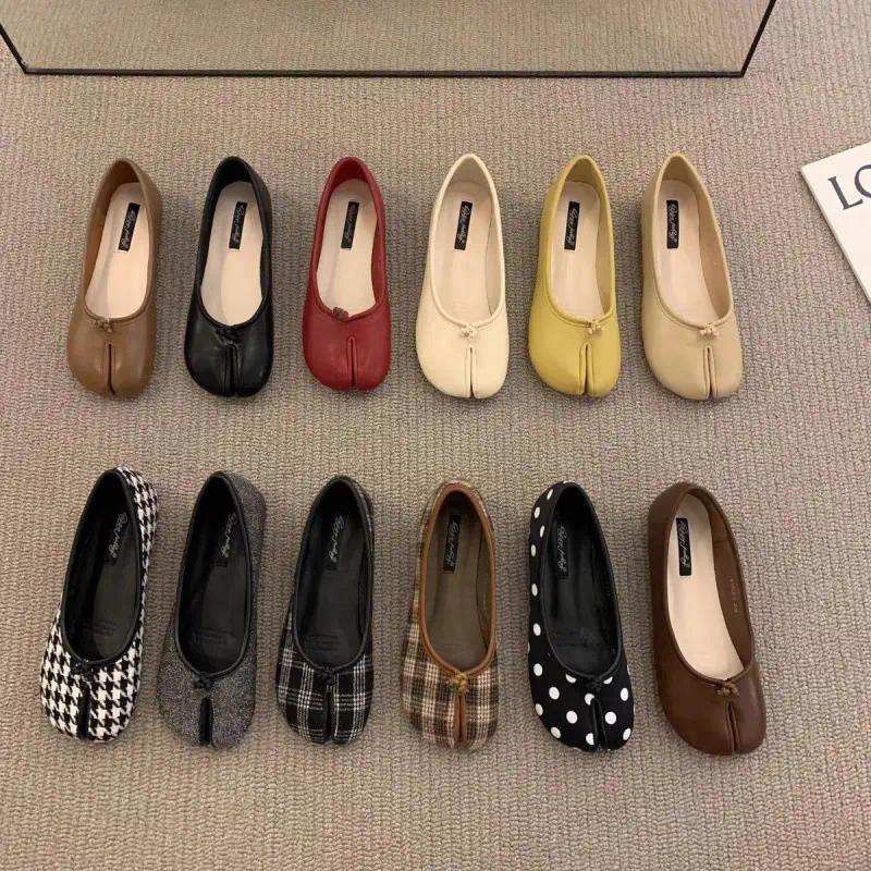 Comfortable Women’s Tabi Split Toe Ballet Flats Slip On Loafers Houndstooth and Solid Colors for Casual Daily Wear
