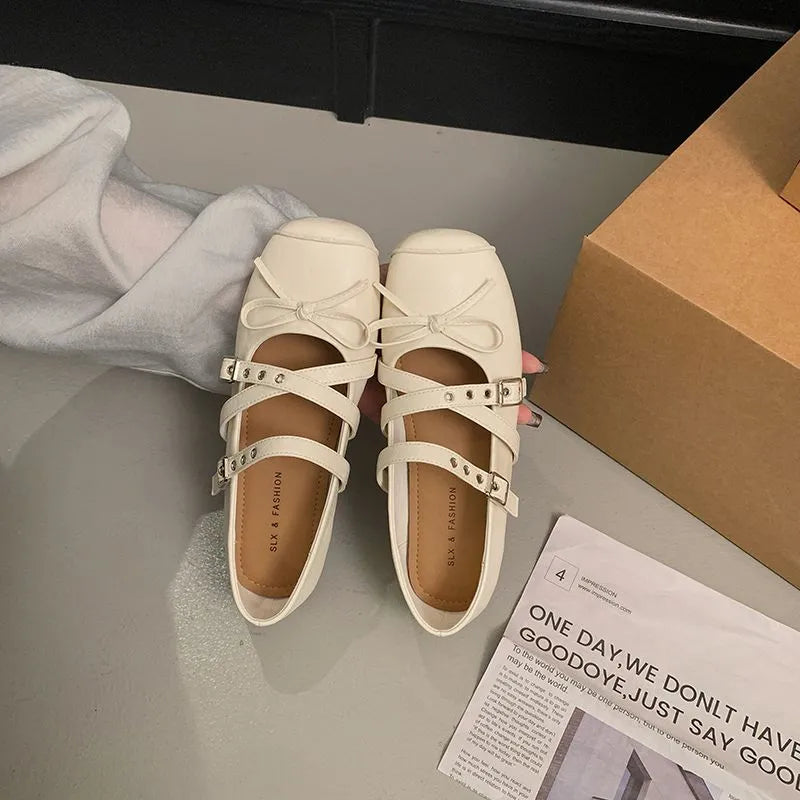 Viral Cross Strap Bow Ballet Mary Janes, Cream White Square Toe Flats, Kawaii Cute Buckle Ballerina Shoes