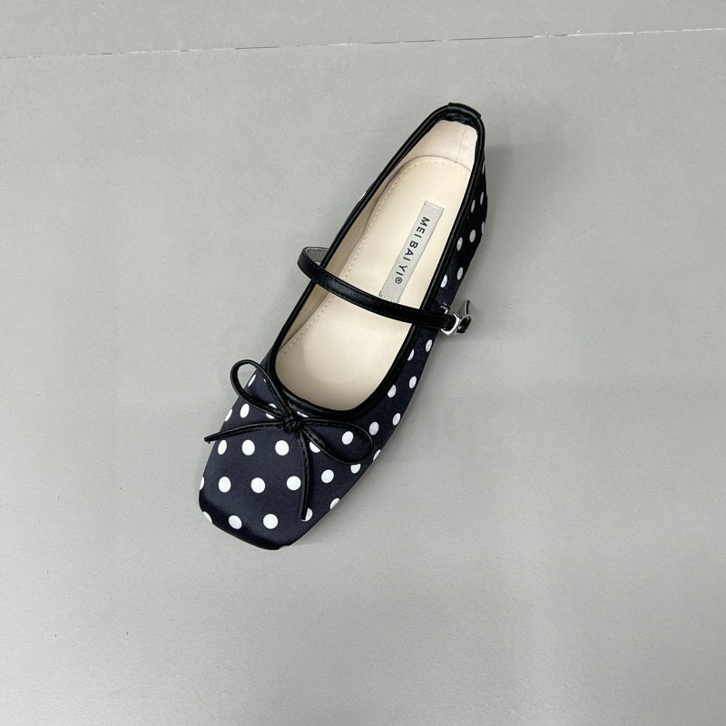 Cute polka dot bow inner height increase new shoes women's spring new versatile retro late evening wind single shoes