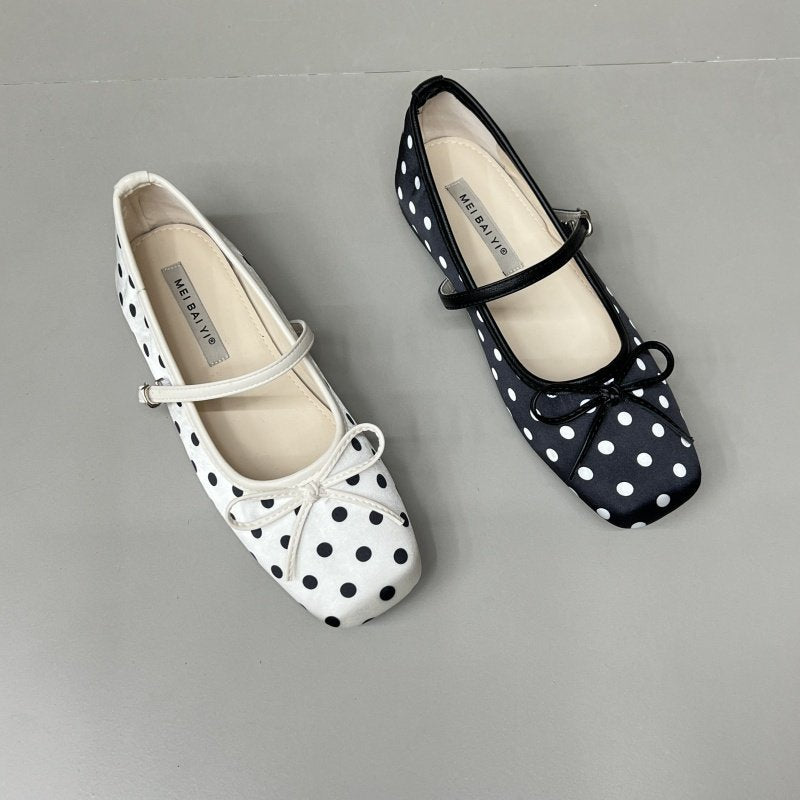 Cute polka dot bow inner height increase new shoes women's spring new versatile retro late evening wind single shoes