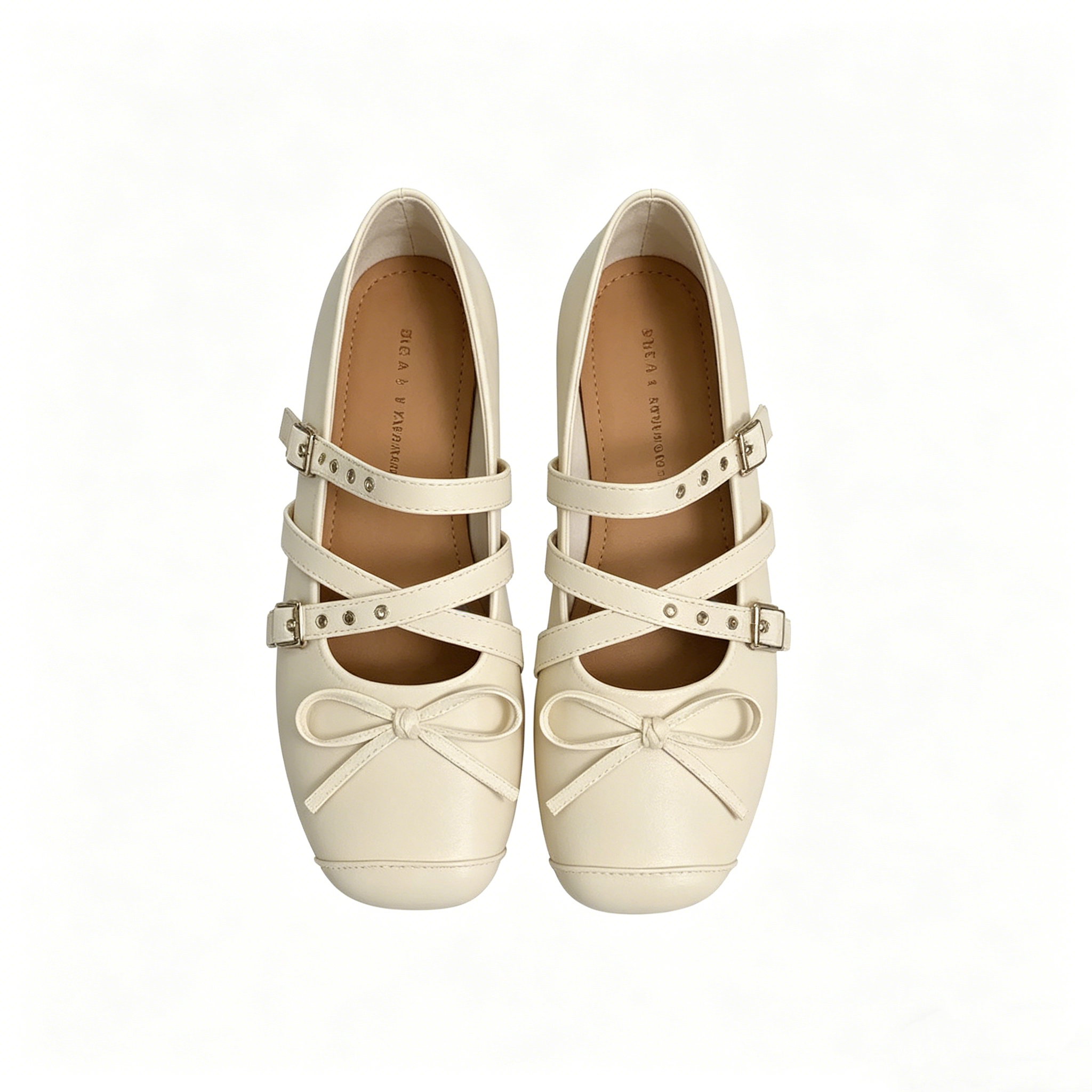 Viral Cross Strap Bow Ballet Mary Janes, Cream White Square Toe Flats, Kawaii Cute Buckle Ballerina Shoes