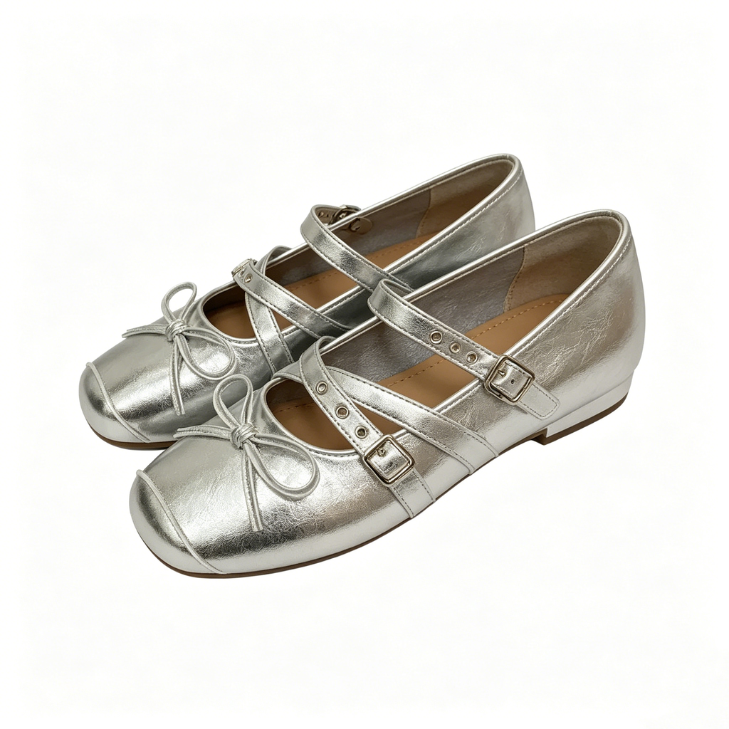 Viral Cross Strap Bow Ballet Mary Janes, Cream White Square Toe Flats, Kawaii Cute Buckle Ballerina Shoes