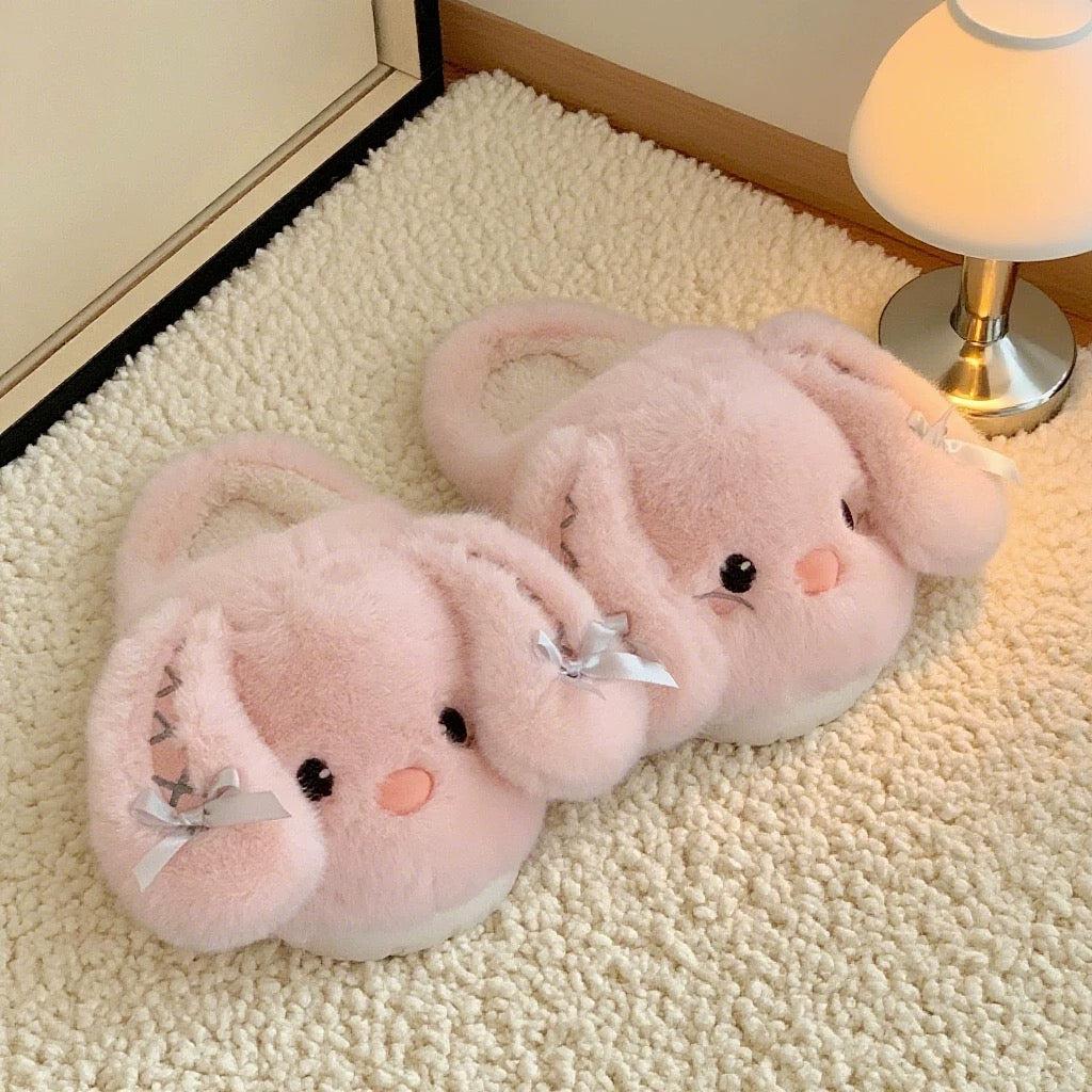 Healing-style Bunny Ear Slippers Winter Thickened Warm Women's Home Shoes Soft Plush Cotton Non-Slip Round Toe Indoor Footwear for Girls Cozy Indoor Comfort