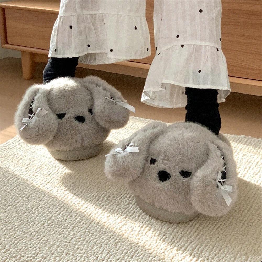 Healing-style Bunny Ear Slippers Winter Thickened Warm Women's Home Shoes Soft Plush Cotton Non-Slip Round Toe Indoor Footwear for Girls Cozy Indoor Comfort